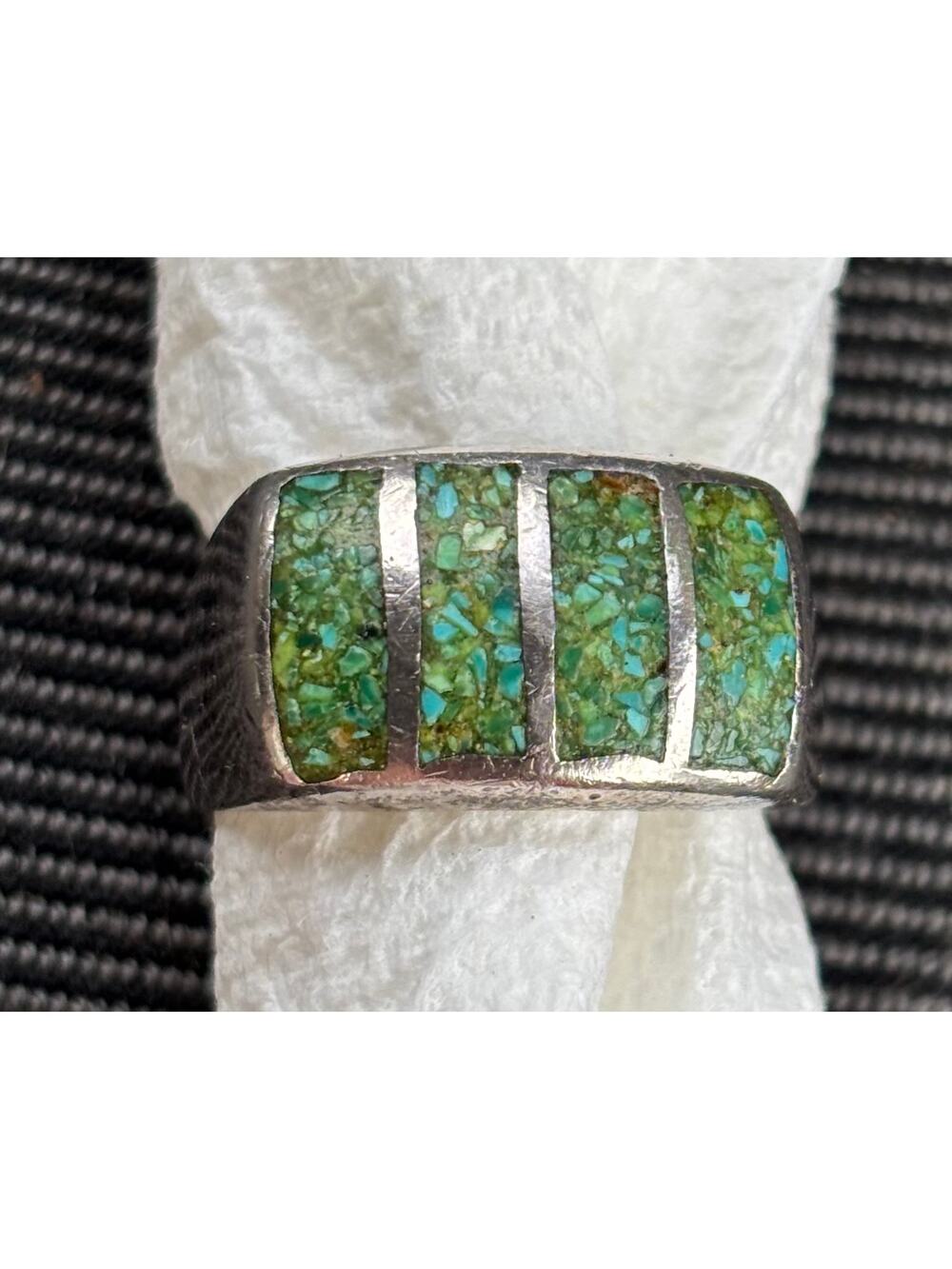 Vintage Sterling Silver Ring 4 Panels Green Turquoise Chip Inlay Sz 10-10.5